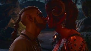 A player kissing Karlach in Baldur's Gate 3.