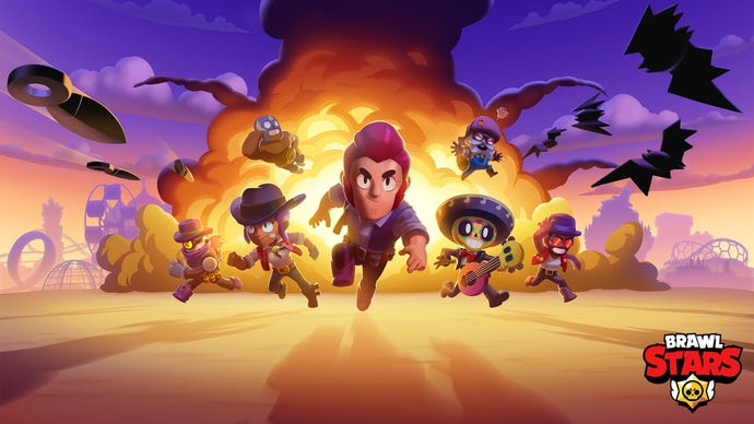 Artwork for the mobile game Brawl Stars, showing cute, 3D cartoon-like characters running away from an explosion.