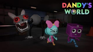 Artwork for the Roblox game Dandy's World, showing two cute characters running away from a larger and scary animal-like creature.