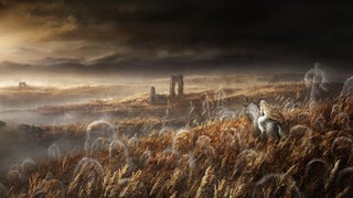 Elden Ring: Shadow of the Erdtree key art of a person with long, blonde hair riding on a horse-like creature in a field of wheat filled with ghostly graves.