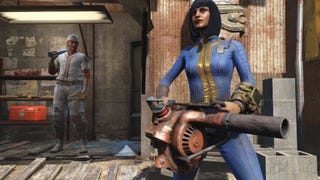 A vault dweller wielding one of the makeshift weapons from Fallout 4's next-gen update.