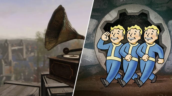 Some Vault Boys walking out of a vault opposite a shot of the Tower Bridge in Fallout: London.