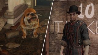 A beefeater in Fallout: London next to Churchill the dog.