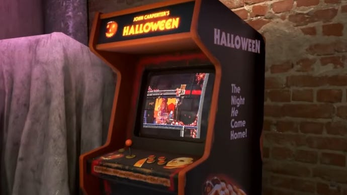 An arcade cabinet with a pixel-art Halloween game on it.