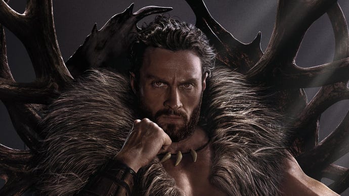 Aaron Taylor-Johnson as Kraven the Hunter, he is sat wearing a fur jacket, sitting on a throne made of antlers.