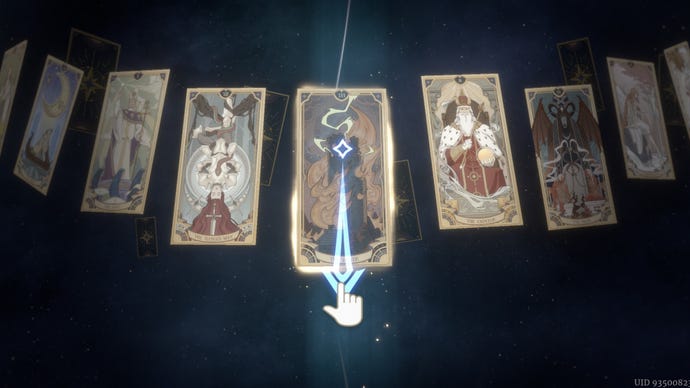 A finger swiping a Tarot Card to receive a character in Sword of Convallaria.