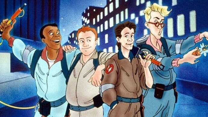 A poster of the main cast from The Real Ghostbusters stood in a street at night.